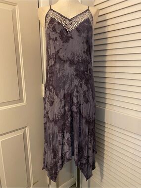 Cato Blue Gray Tie-Dye Asymmetrical Slip Dress w/ Embroidered V-Neck- Size M